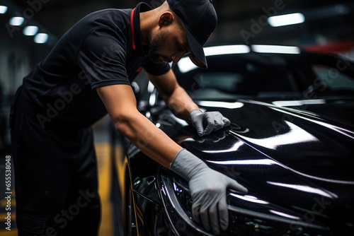 Man polishing black car in the car wash service center.