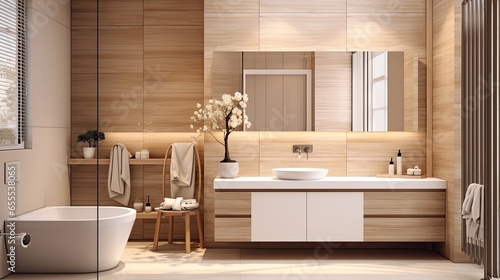 Modern minimalist bathroom interior, modern bathroom cabinet, white sink, wooden vanity, interior plants, bathroom accessories. Interior design project photo