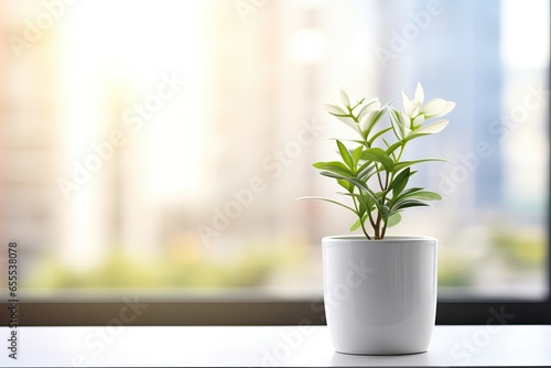 white flower pot with green plant sitting on the window 