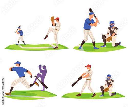 Baseball game scenes collection flat cartoon vector illustration isolated.