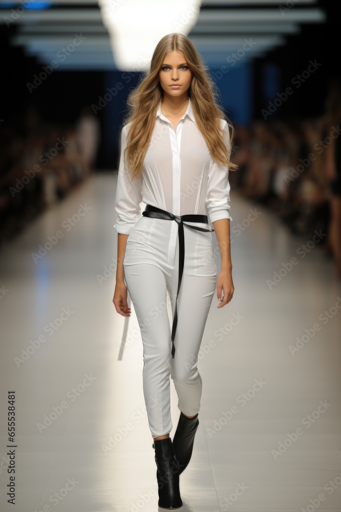 Model women in white shirt on runway.