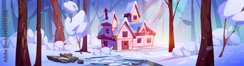 Winter snow forest landscape with house near tree vector background. Cold snowy beautiful country home for Christmas celebration in wildlife fairytale wonderland panorama season graphic banner.
