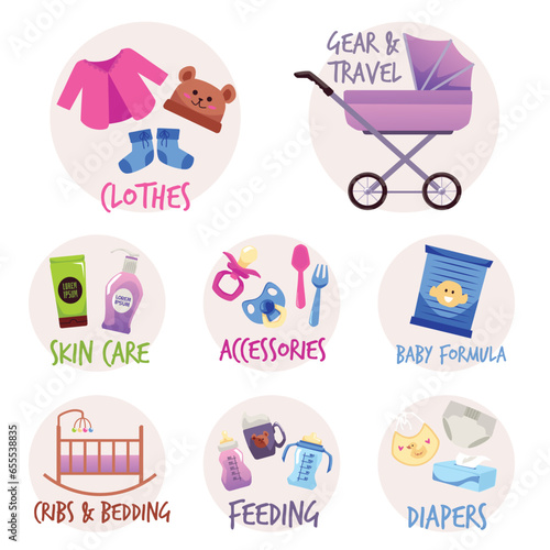 Baby care accessories, set of flat vector illustrations isolated on white background.