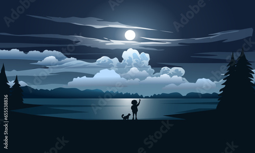 Fantasy night landscape with a boy and his dog