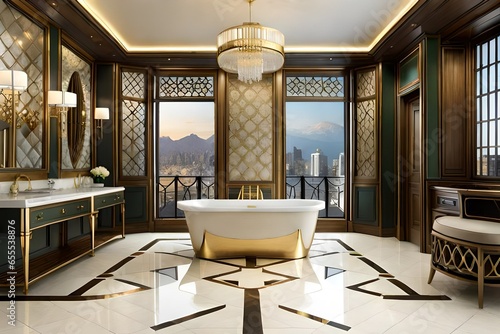 Pictures of a bathroom featuring traditional design elements, including walls covered in ceramic tiles, and featuring opulent gold-plated accessories that add a touch of luxury. © Muhammad