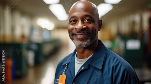 Portrait of smiling African American school janitor in a high school.