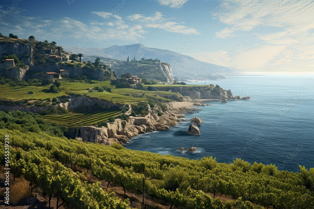 the cliffs and vineyards at the coast with sea. mediterranean landscapes