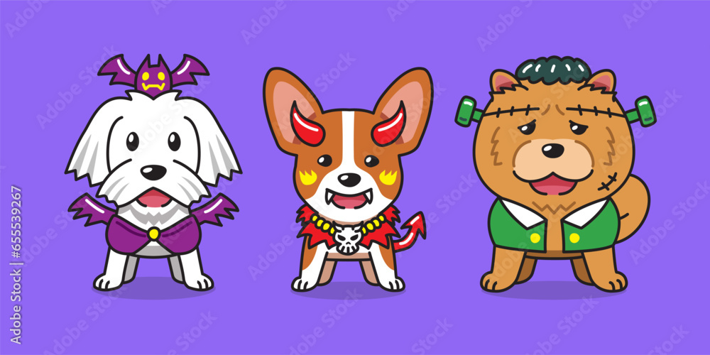 Cartoon cute dogs with halloween costumes for design. Cartoon cute dogs with halloween costumes for design.