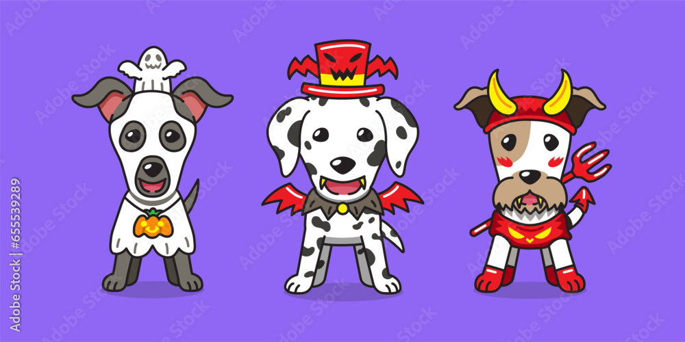 Obraz premium Vector cartoon cute dogs with halloween costumes for design.