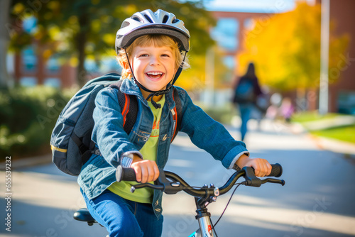 Student young boy riding a bike to school