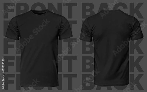 Man Black Tshirt Mockup, Unisex Fashion Illustration Clothes, Men Blank T-Shirt Template, Realistic Font 3D Male Shirt Cloth on Text Grey Background