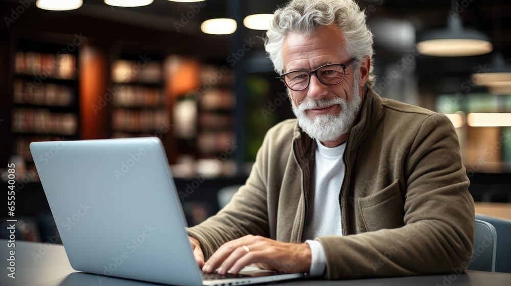 Senior man studying with laptop in library. Senior man studying with laptop in library.