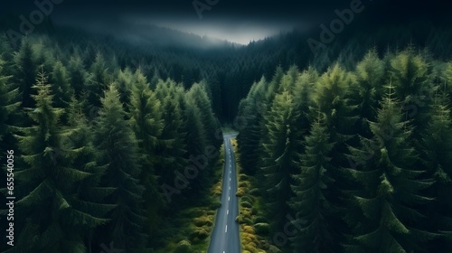 Top view of dark green forest landscape wallpaper art. Aerial nature scene of pine trees and asphalt road banner design. Countryside path trough coniferous wood form above. Adventure travel background © Lucky Ai