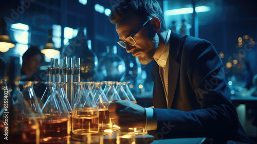 Chemical engineer conducting experiments in a laboratory, Chemical research.