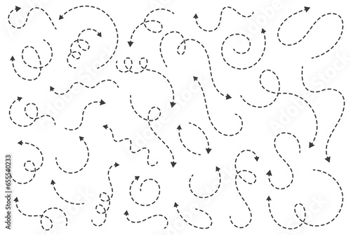 Arrows vector set. Curved hand drawn dotted elements. Doodle outline black stroke. Simple cartoon swirl scribble isolated on white background.