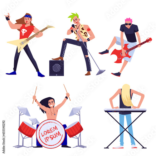 Set of emotional rock performers flat style, vector illustration