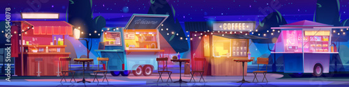 Street food and drink stalls in night park. Vector cartoon illustration of coffee and cocktail shop, burger kiosk, asian cuisine stand in public garden with chairs and tables, garland light decoration