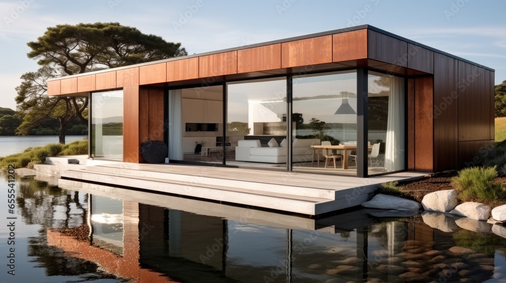 Holiday house made from containers on lake. Holiday house made from containers on lake.