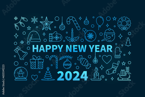 Happy 2024 New Year concept vector line horizontal blue Greeting Card