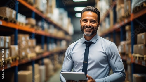 Smiling salesman using tablet checking supplies in warehouse. © visoot