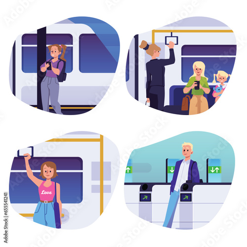 Set of scenes with people on subway or metro, flat vector illustration isolated on white background.