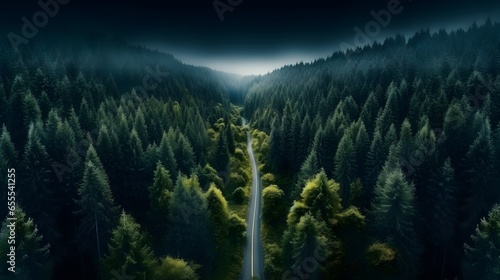 Top view of dark green forest landscape wallpaper art. Aerial nature scene of pine trees and asphalt road banner design. Countryside path trough coniferous wood form above. Adventure travel background © Lucky Ai