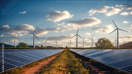 Solar panels fields and wind wind turbines generators, Energy supply, Distribution of energy, Power plant.