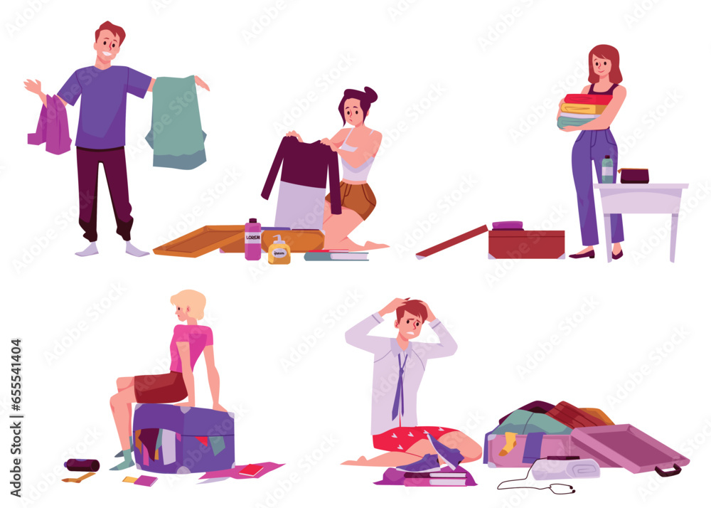Set of flat design vector illustrations of men and women are packing suitcases, isolated on white background Set of flat design vector illustrations of men and women are packing suitcases, isolated on white background