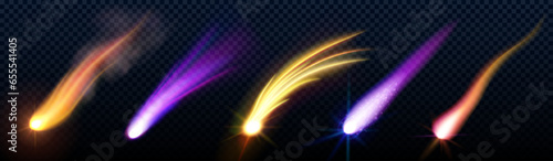 Comet trail effect and meteor star light vector. Asteroid speed fall flame and galaxy fire 3d isolated illustration. Realistic night flare glow from rocket tail. Fireball or missile burst ui vfx