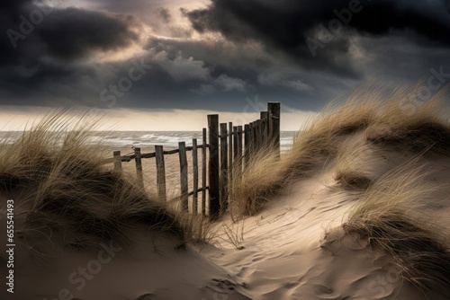 Beautiful sand dunes by the sea, under a dramatic sky, with grass and weeds and an old fence. Generative AI 