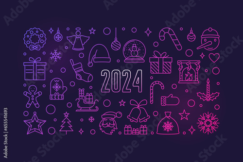 New Year 2024 outline colored banner - vector Xmas horizontal illustration or Christmas poster
