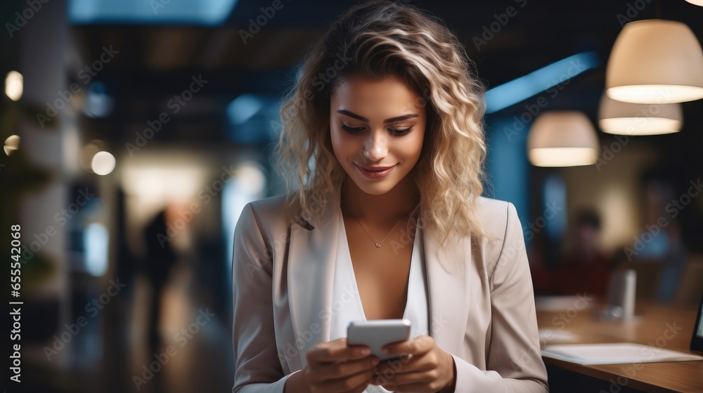Office Employee woman using smartphone at desk in workplace. Office Employee woman using smartphone at desk in workplace.