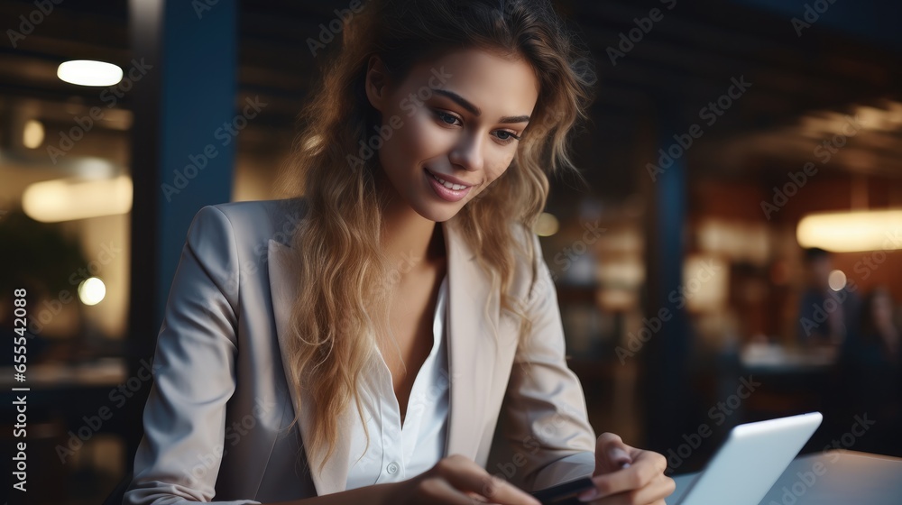 Young businesswoman using a smartphone in a modern office.