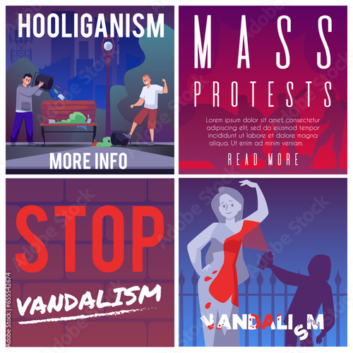 Set of squared banners about vandalism flat style, vector illustration