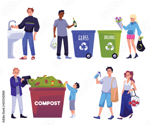 People recycling and sorting waste, zero waste lifestyle - flat vector illustration isolated on white background.