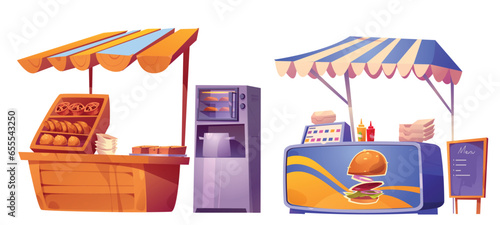 Street food market stall vector festival illustration. Cartoon park snack shop stand for summer outdoor event with burger and sandwich. 2d urban game restaurant to sell bakery product for lunch