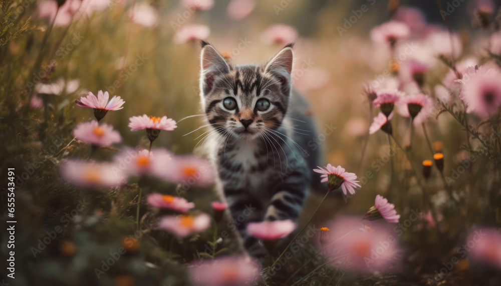 Adorable kitten exploring nature's beauty among vibrant flowers