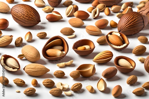 A photorealistic 3D rendering of a bunch of nuts and nutshells arranged in a row.