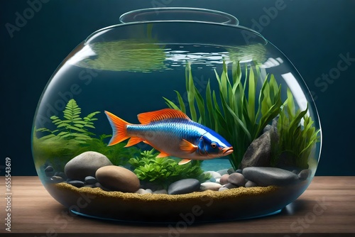 A photorealistic 3D rendering of a fish in a bowl with rocks and plants in it.