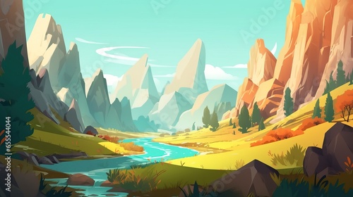 Artwork depicting scenic mountain and river view