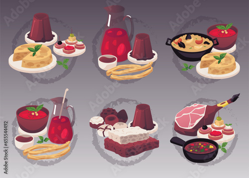 Set of traditional Spanish dishes flat style, vector illustration