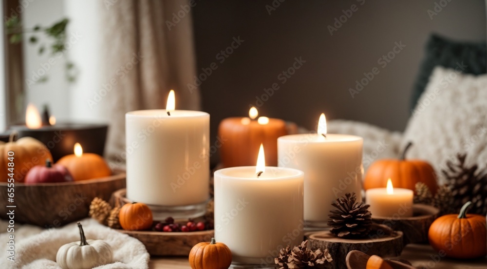 Burning candles with autumn decorations on table in living room. Burning candles with autumn decorations on table in living room.