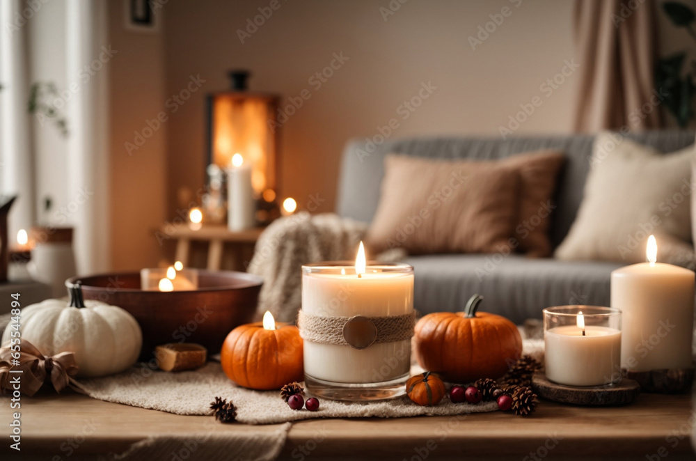 Burning candles with autumn decorations on table in living room.