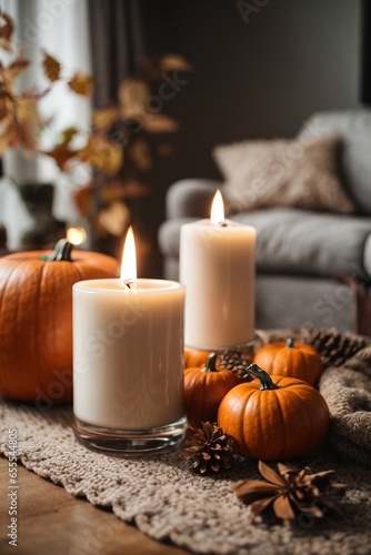 Burning candles with autumn decorations on table in living room.