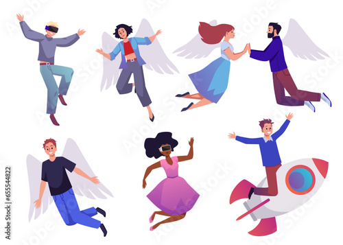 Vector illustrations set of People fly and jump, excited woman, man in action, moving with fun, flying on a rocket