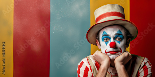 Vintage looking clown portrait with a puzzled expression. Striped old wall background, State Fair vibes