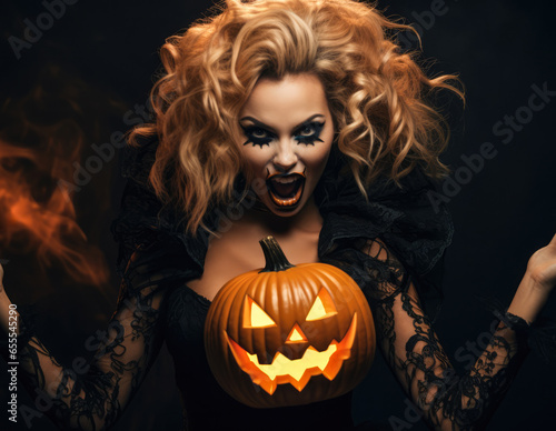 Halloween woman holding a carved pumpkin in a spooky halloween outfit
