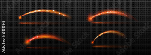 Shooting star with red glowing arc trail. Realistic vector illustration of curved circular luminous beam with sparkles and steam. Neon flare and twinkle line with glitter particles and overlay effect.