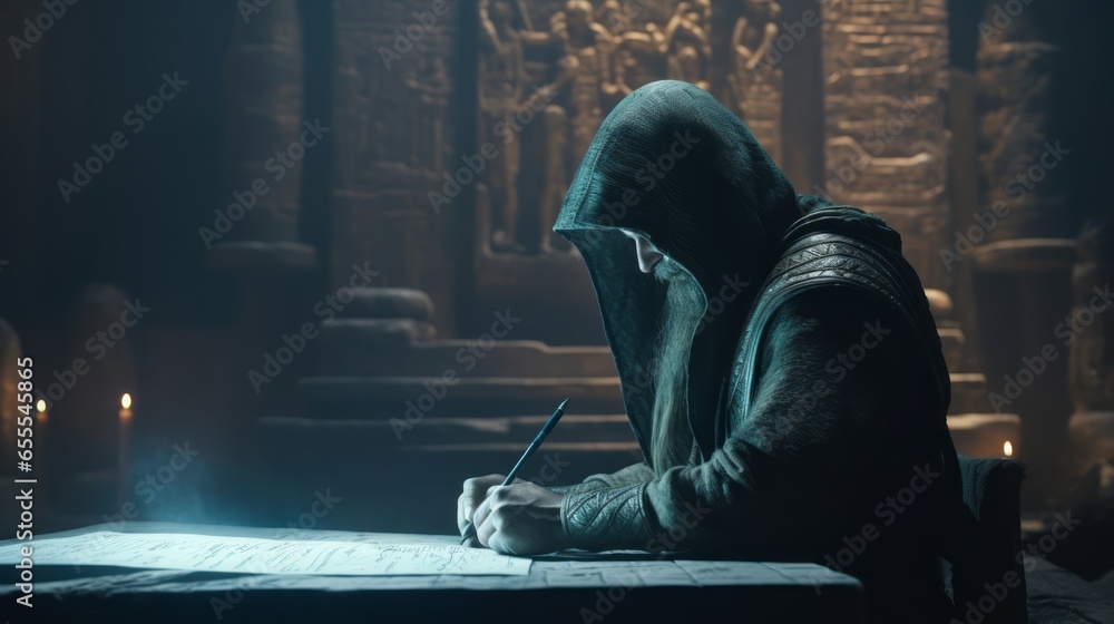 Ancient man with dark hood in a temple reading an old book - obrazy, fototapety, plakaty 