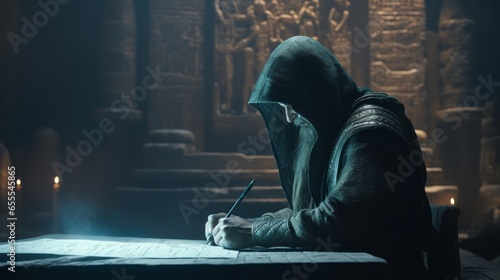 Ancient man with dark hood in a temple reading an old book photo